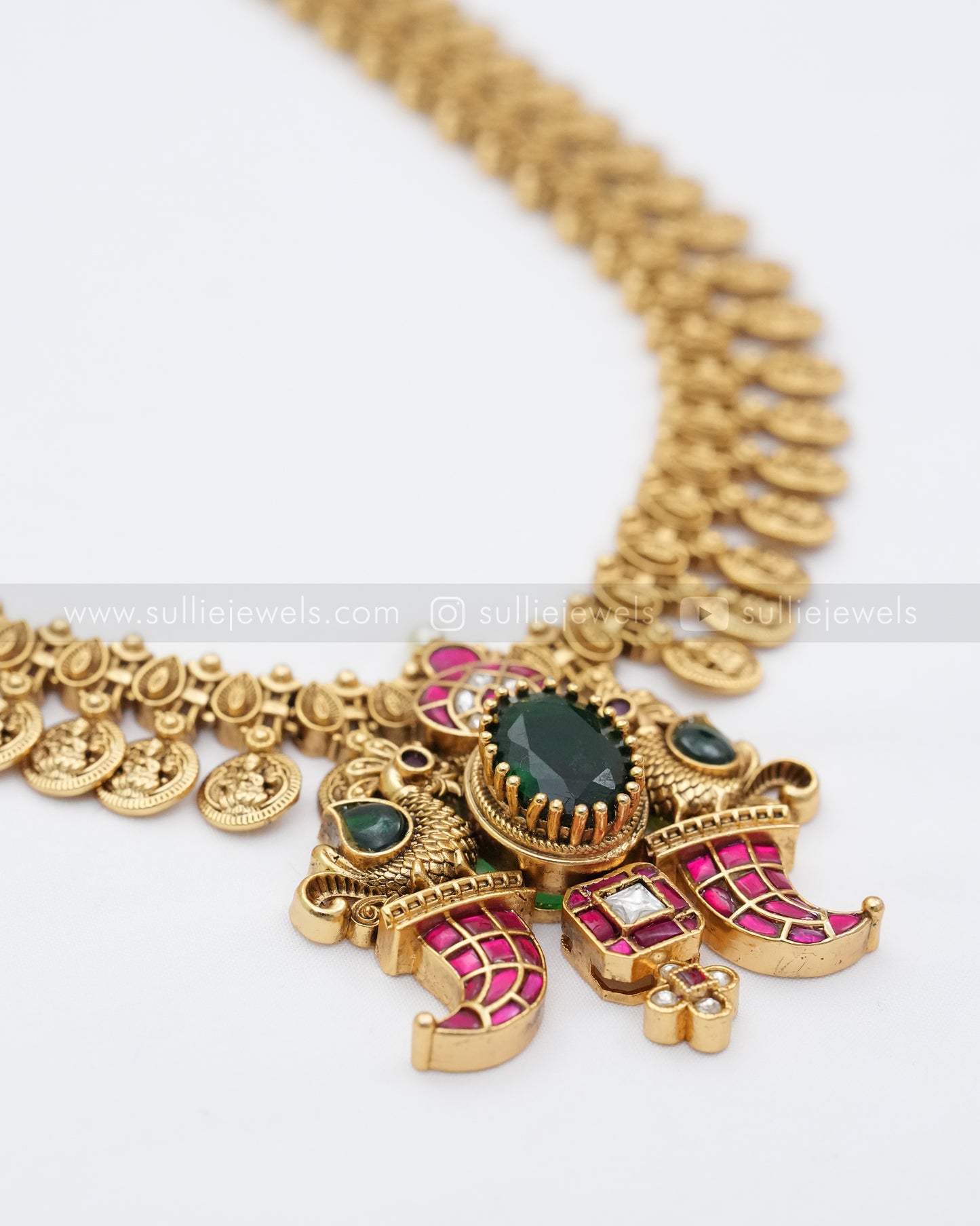 Jadau Premium Emerald Peacock Coin Haaram with Stud