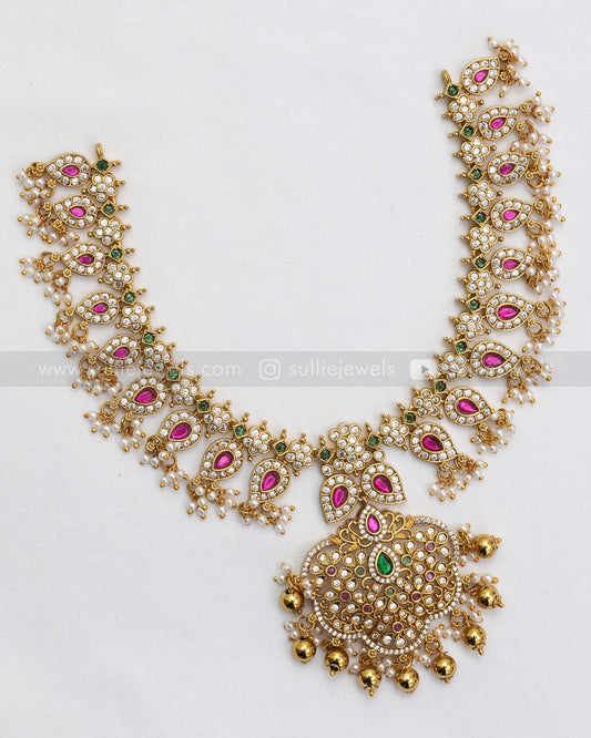 3627 - No Idol - Kemp Guttapusalu Necklace with Earring - Gold Beads
