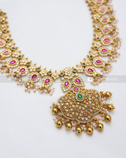 3627 - No Idol - Kemp Guttapusalu Necklace with Earring - Gold Beads