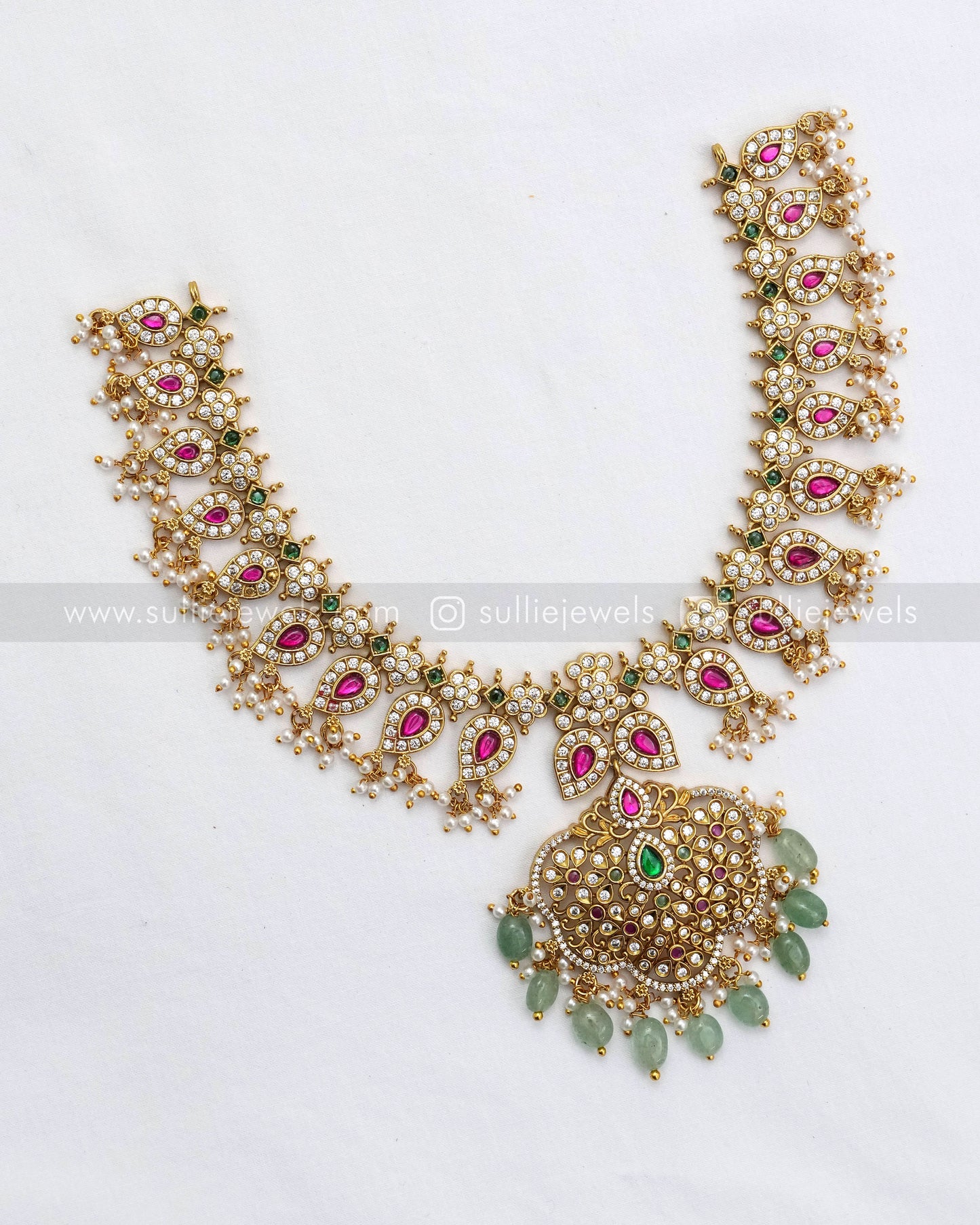 3628 - No Idol - Kemp Guttapusalu Necklace with Earring - Mint Beads