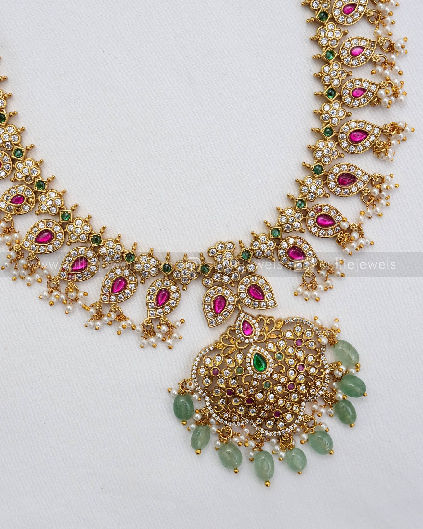 3628 - No Idol - Kemp Guttapusalu Necklace with Earring - Mint Beads