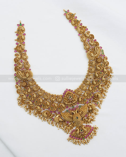 No Idol - Premium Peacock Broad Gold Long Chain / Haaram with Earring