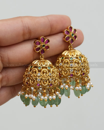 7135 - No Idol - Kemp Guttapusalu Long Chain with Earring - Mint Beads