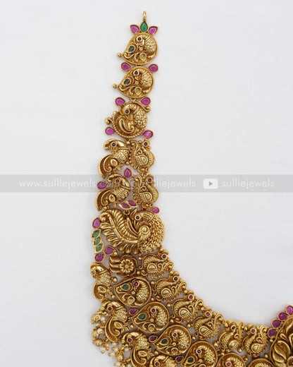 No Idol - Premium Peacock Broad Gold Long Chain / Haaram with Earring