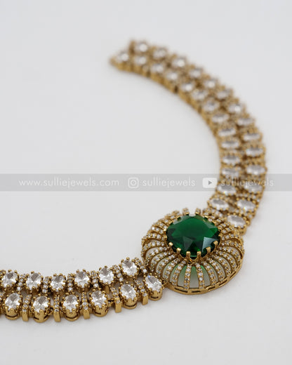 Two Layer AD Stone Emerald Necklace with Stud