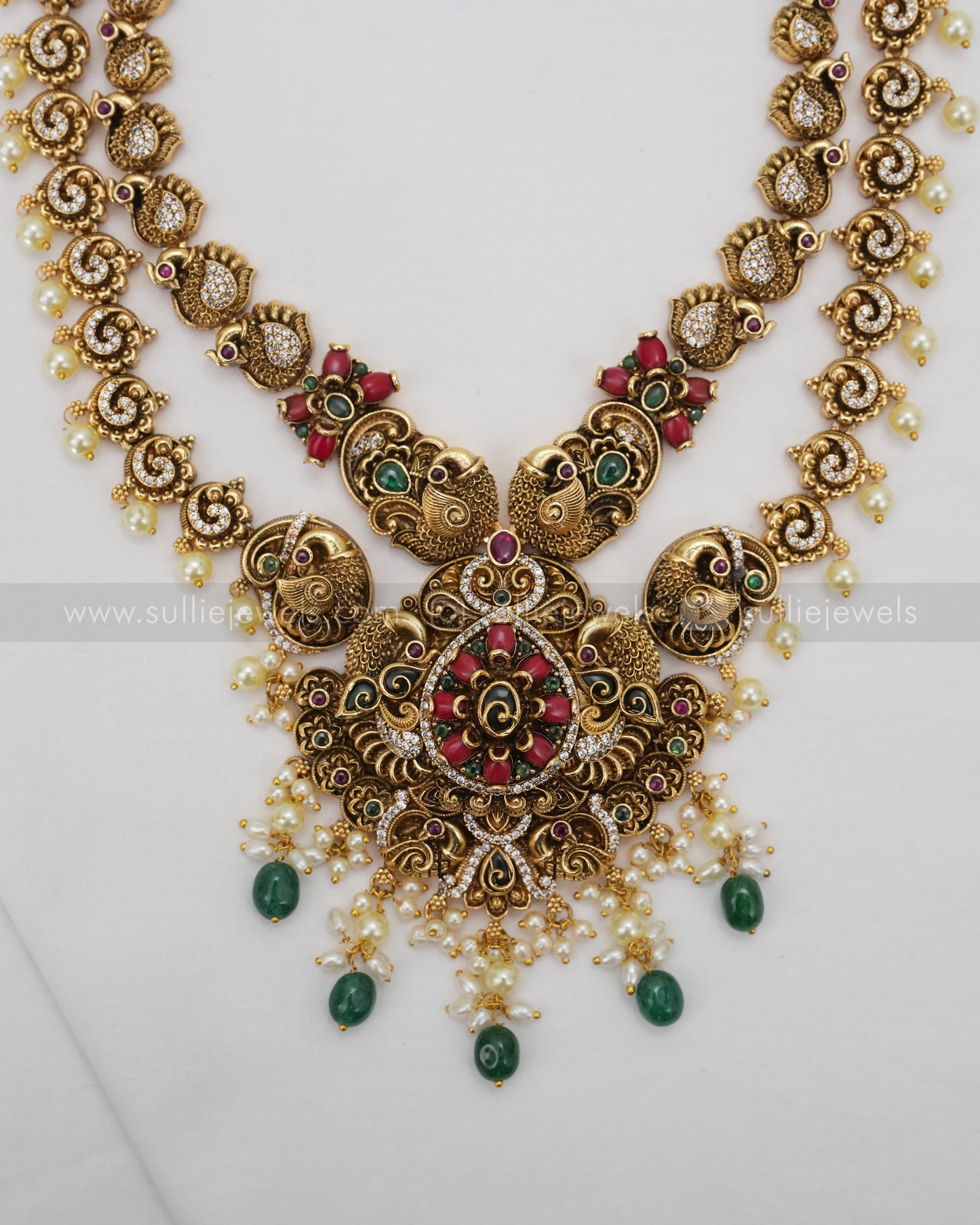 Antique Premium No Idol Coral Double Layer Long Chain / Haaram with Earring