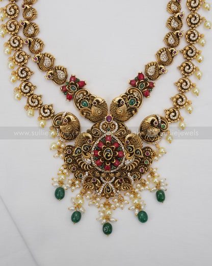 Antique Premium No Idol Coral Double Layer Long Chain / Haaram with Earring