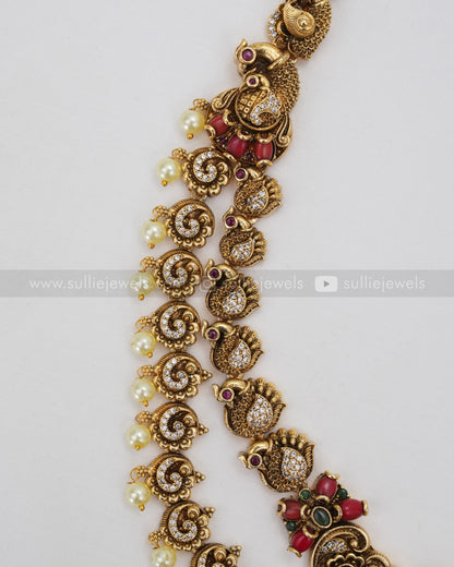 Antique Premium No Idol Coral Double Layer Long Chain / Haaram with Earring