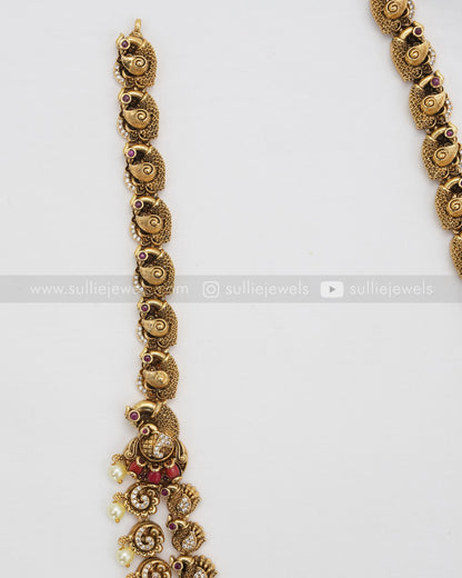 Antique Premium No Idol Coral Double Layer Long Chain / Haaram with Earring