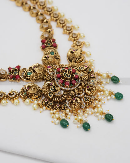 Antique Premium No Idol Coral Double Layer Long Chain / Haaram with Earring