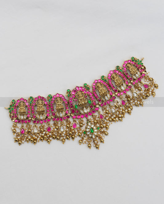 Premium Jadau Kemp Goddess Heavy Choker with Earring - Gold Beads