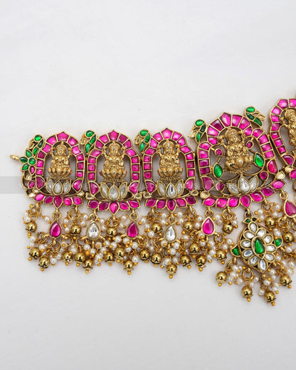 Premium Jadau Kemp Goddess Heavy Choker with Earring - Gold Beads