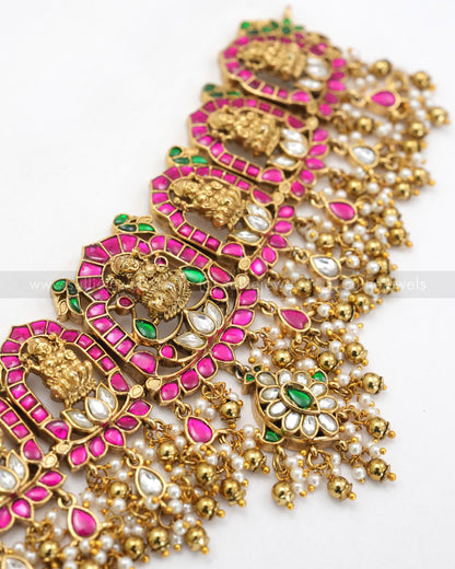 Premium Jadau Kemp Goddess Heavy Choker with Earring - Gold Beads