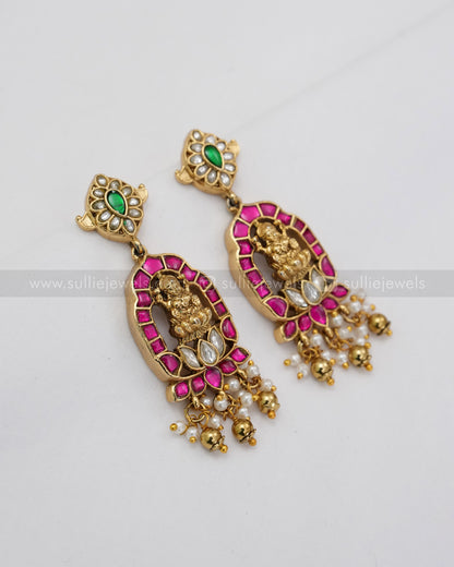 Premium Jadau Kemp Goddess Heavy Choker with Earring - Gold Beads