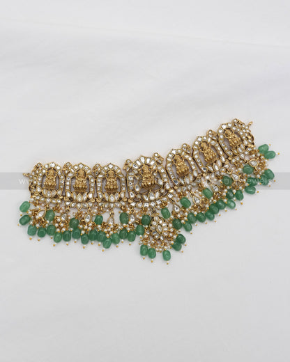 Premium Jadau Kemp Goddess Heavy Choker with Earring - Mint Beads