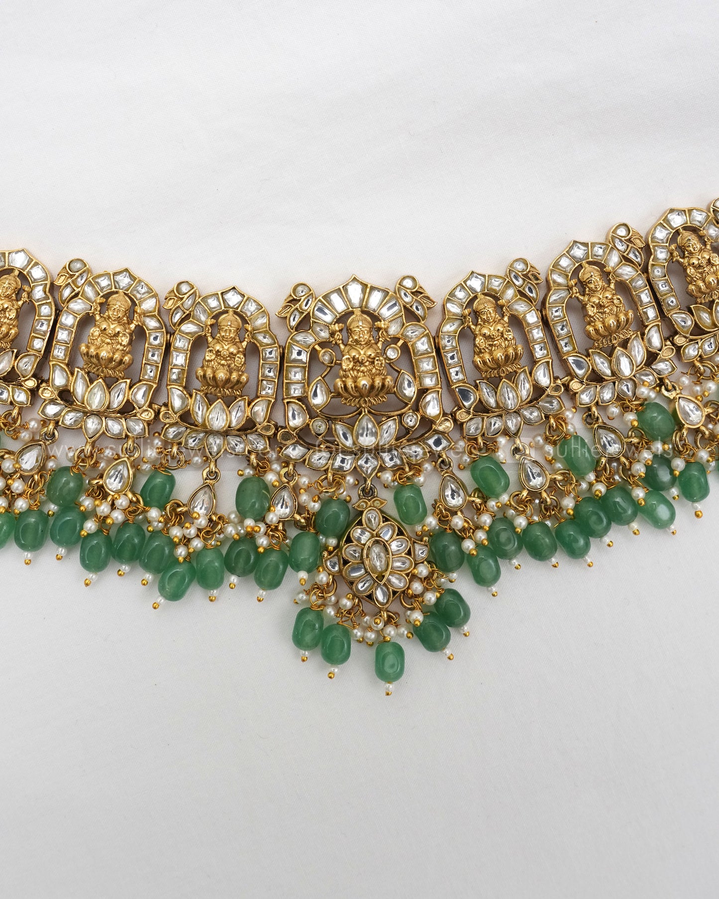 Premium Jadau Kemp Goddess Heavy Choker with Earring - Mint Beads