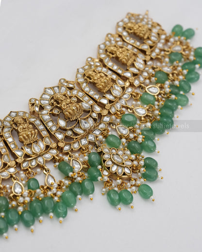 Premium Jadau Kemp Goddess Heavy Choker with Earring - Mint Beads