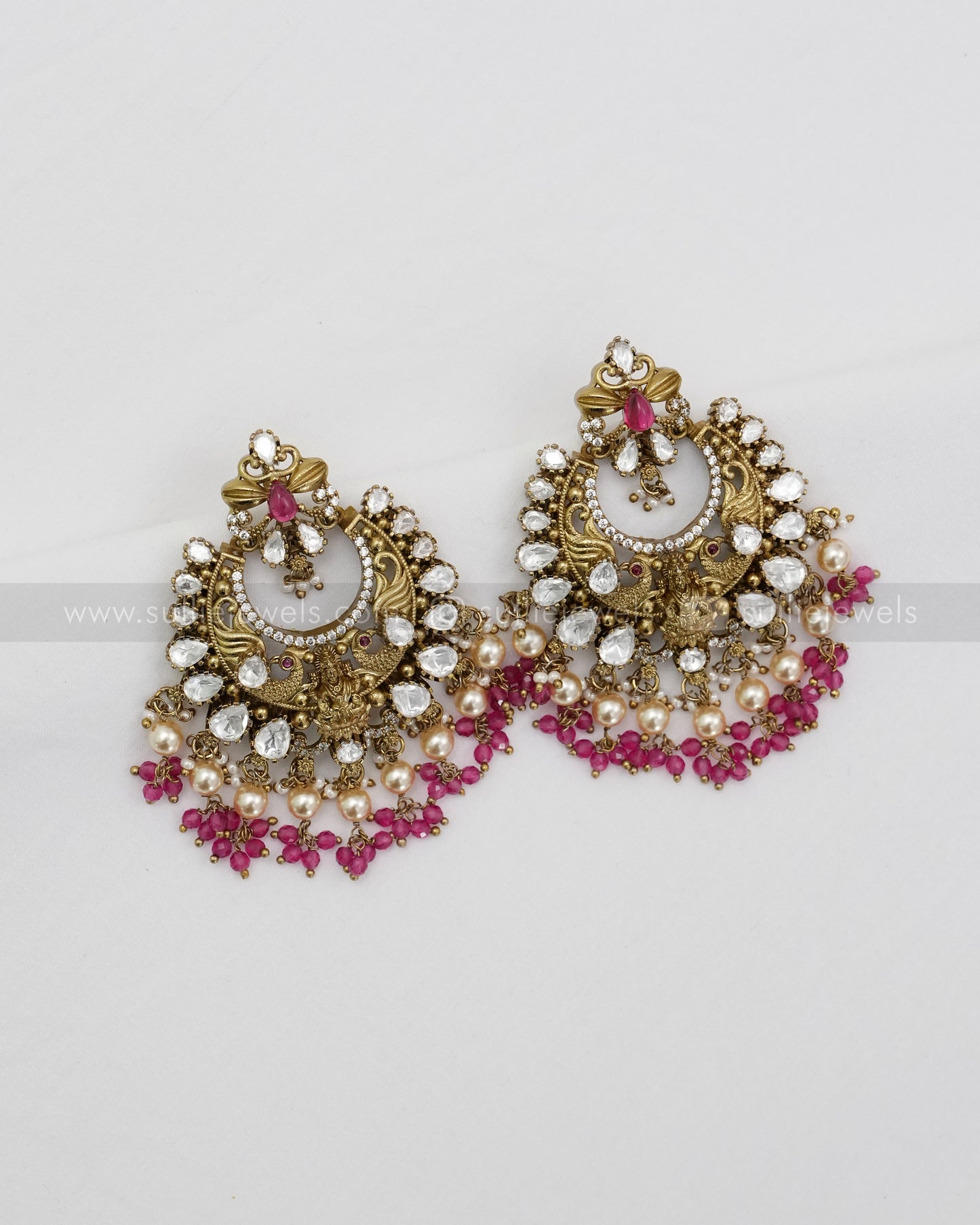 Polki Lakshmi Peacock Premium Earring - Red