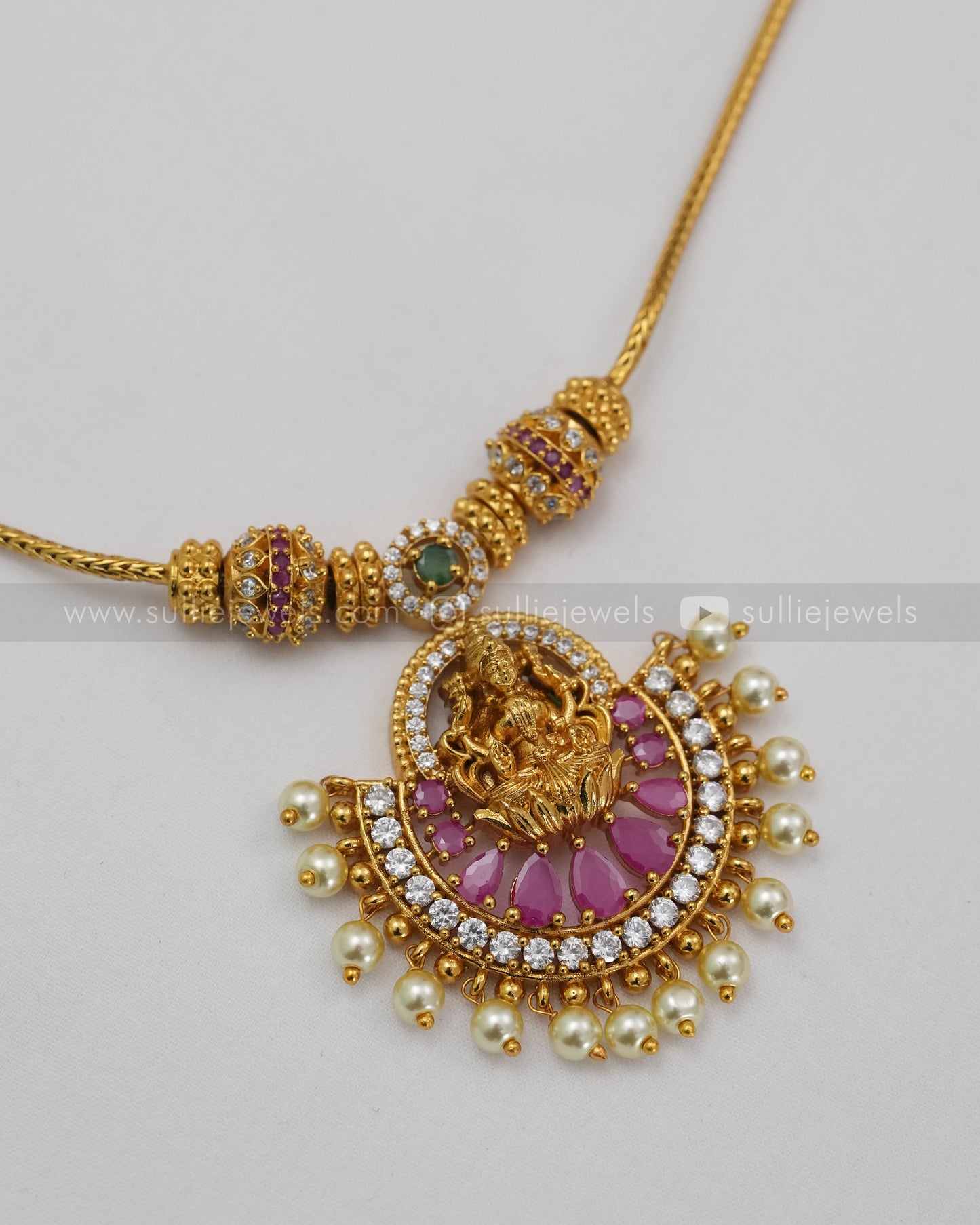 Lakshmi Pearl Pink Stone Pendant Gold Chain with Jhumka