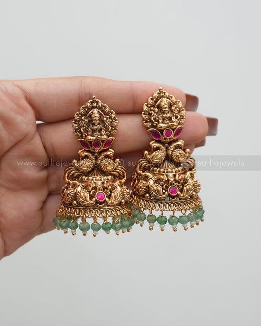 Premium Goddess Peacock Mint Beads Copper Gold Jhumka