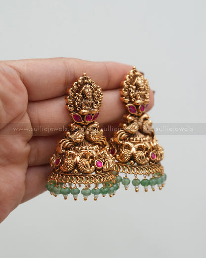 Premium Goddess Peacock Mint Beads Copper Gold Jhumka