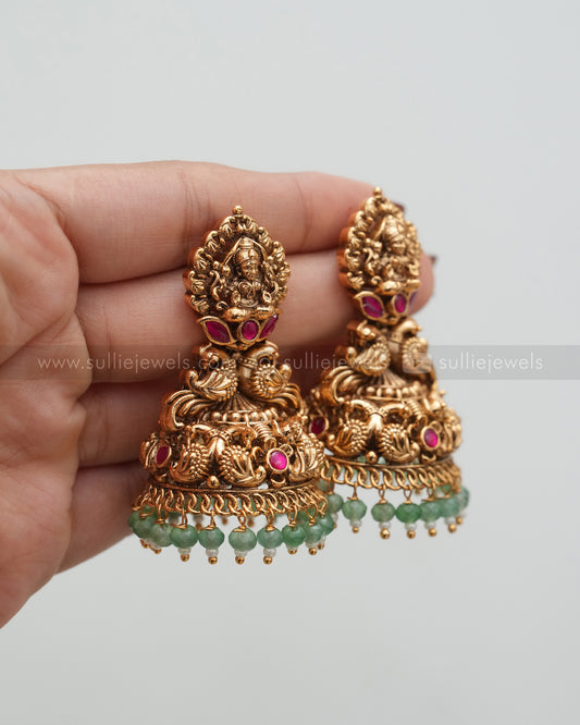 Premium Goddess Peacock Mint Beads Copper Gold Jhumka