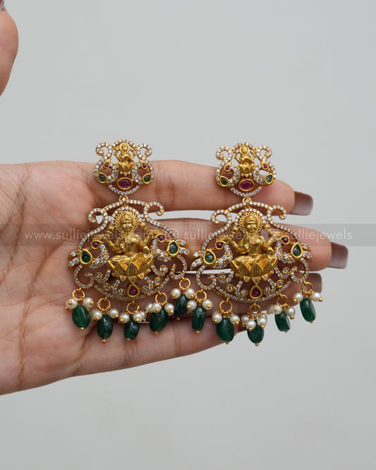 3621 - Lakshmi Premium Green Beads 3 Layer AD Long Chain with Earring