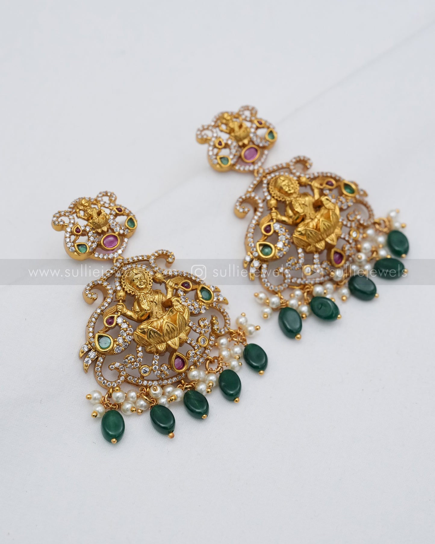3621 - Lakshmi Premium Green Beads 3 Layer AD Long Chain with Earring