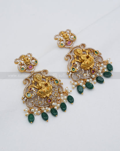3621 - Lakshmi Premium Green Beads 3 Layer AD Long Chain with Earring