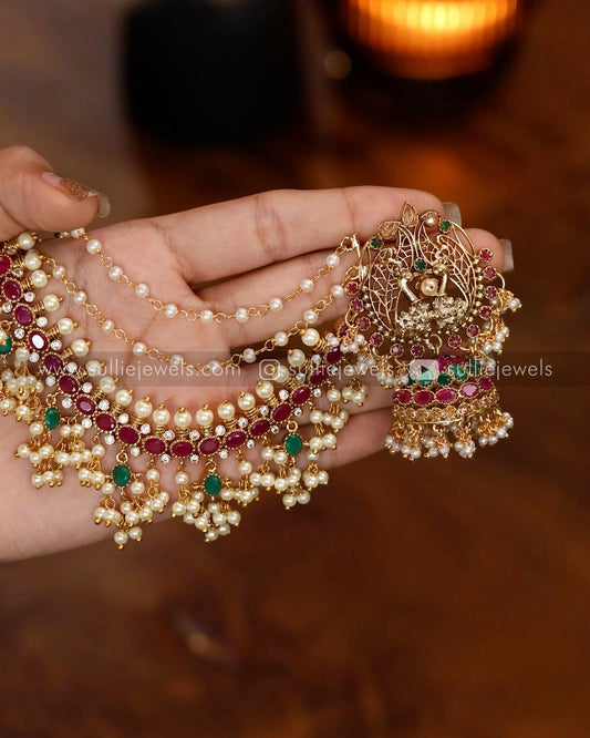 Peacock Premium Designer Jhumka with Pearl Cluster Earchain