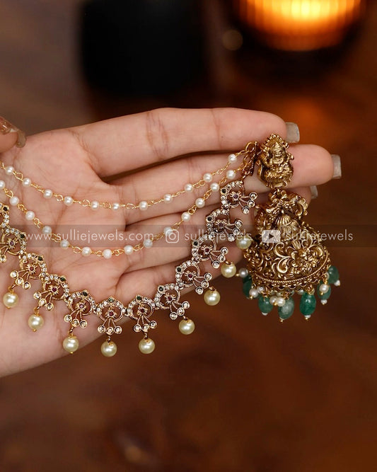 Lakshmi Mint beads Jhumka with 3 Layer Maatti/Earchain