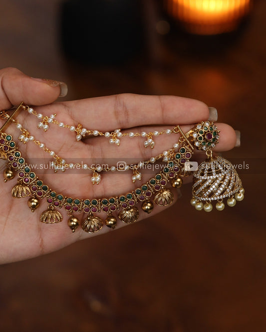 Multicolour Stone Jhumka with Earchain / Maatti