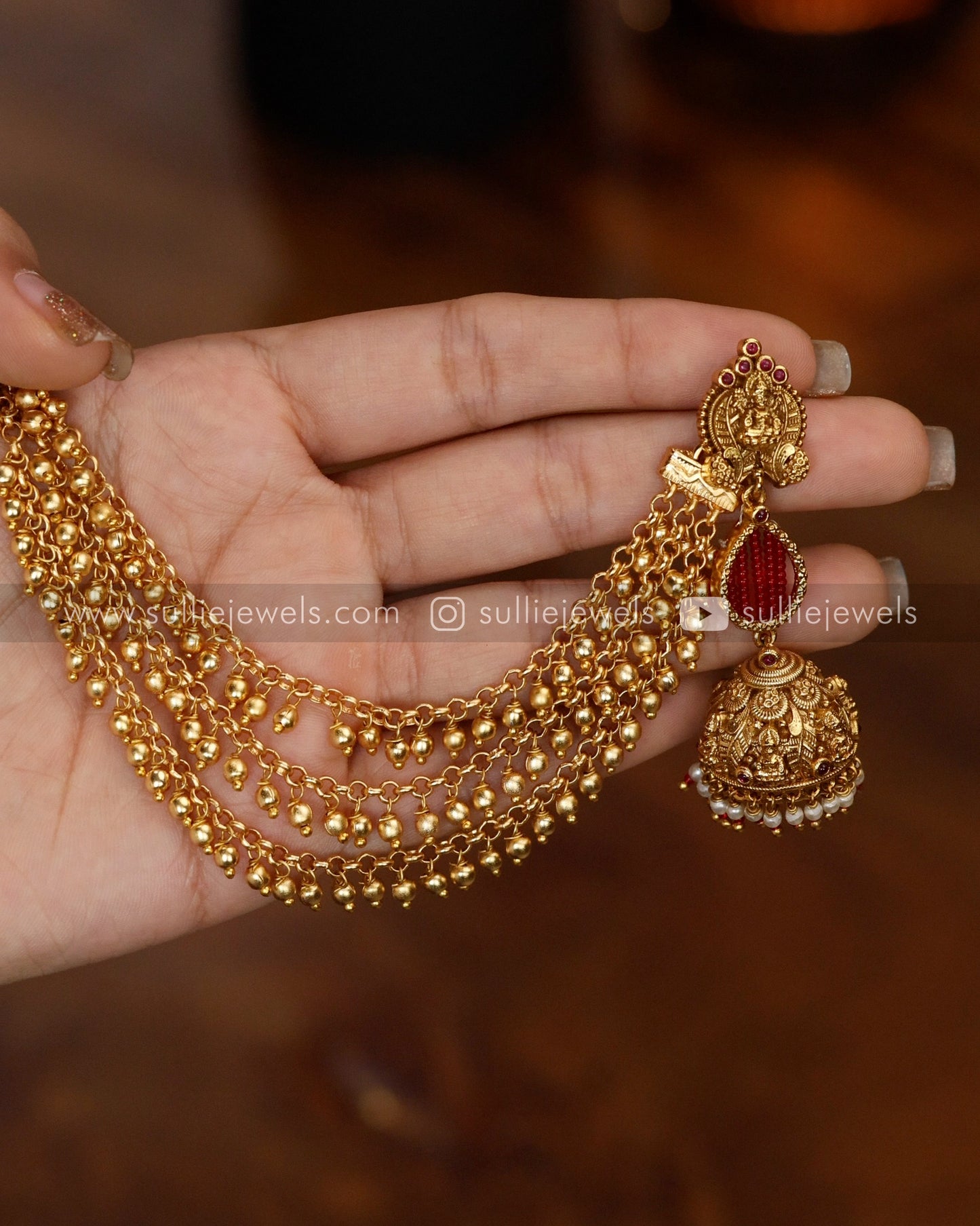 Lakshmi Beads Jhumka with 3 Layer Gold Earchain / Maatti