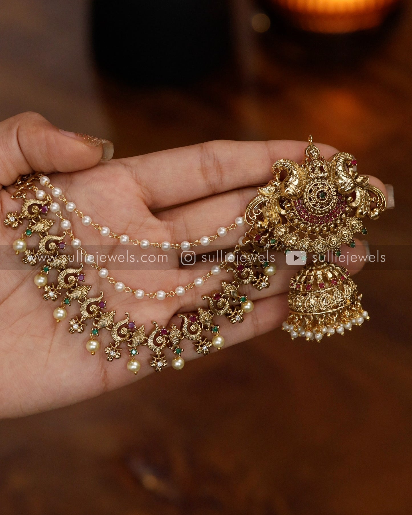 No Idol - Peacock Premium Jhumka with 3 Layer Earchain / Maatti