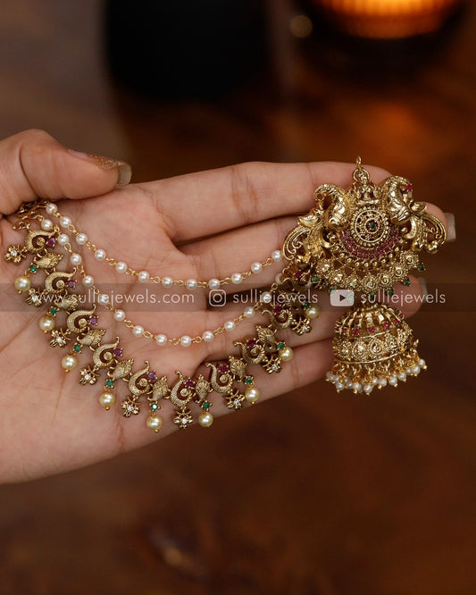 No Idol - Peacock Premium Jhumka with 3 Layer Earchain / Maatti