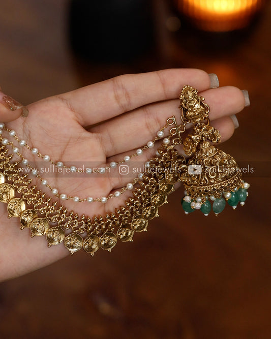 Lakshmi Mint Beads Jhumka with Peacock Coin Earchain / Maatti